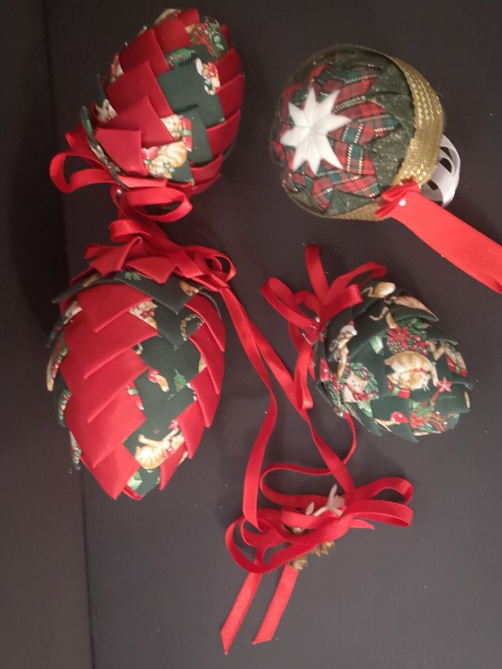 4 - Homemade Pinecone & Round Shaped Decorations made of Folded Material /Ribbon